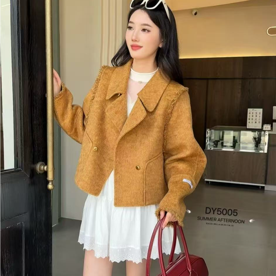 [ W i F i ]5005桔色短款宽松型女毛呢外套时尚上衣毛呢（衣长58）