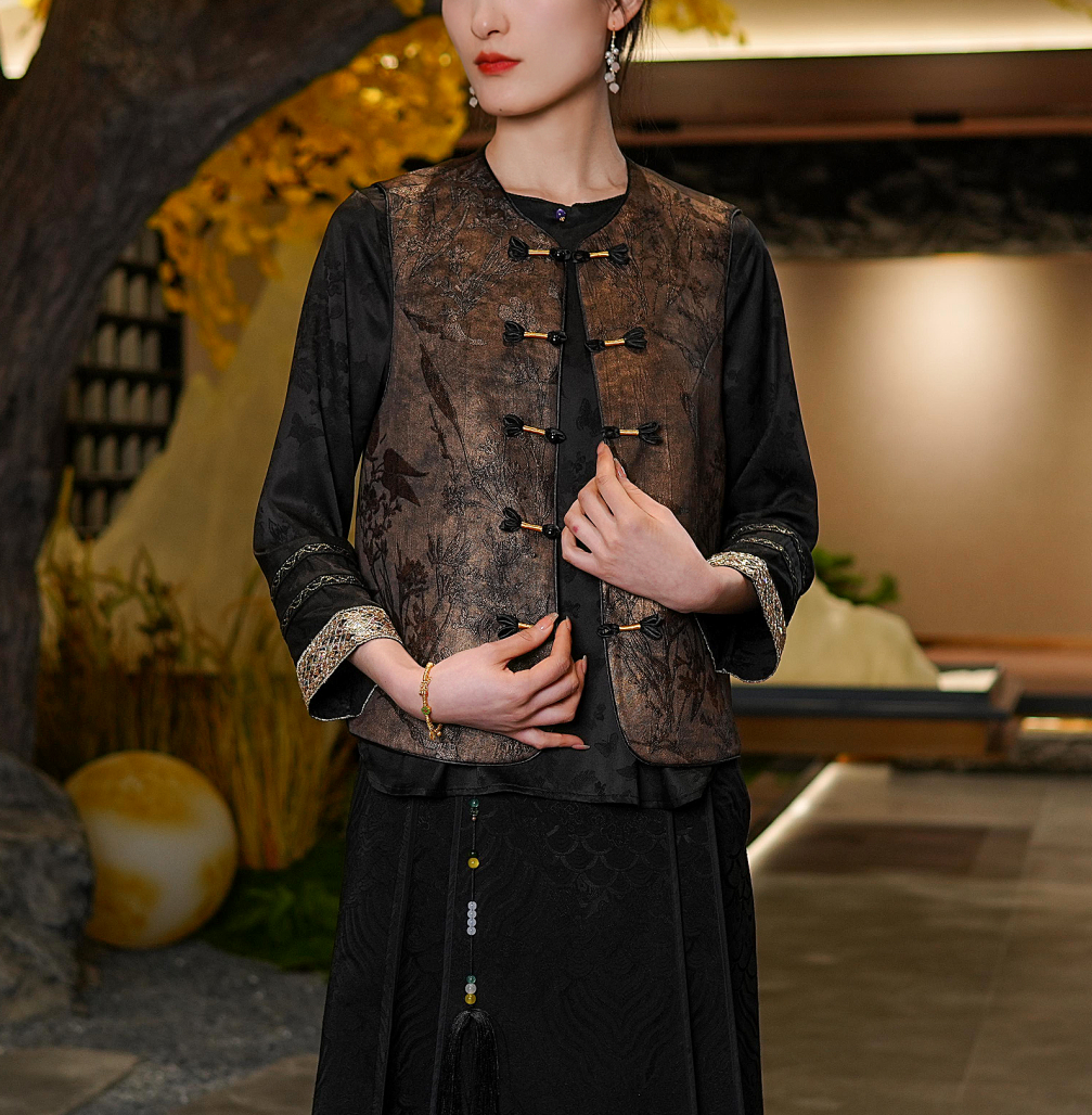 【茉茶】加棉加厚秋冬马甲新中式圆领提花宽松保暖上衣马夹女款