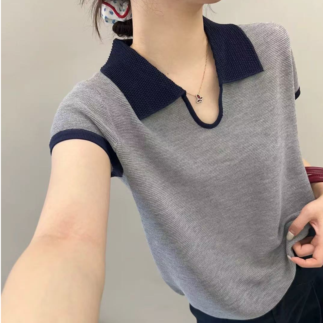 【高品质】夏季新款撞色翻领短袖针织衫女款显瘦百搭短袖冰丝上衣潮