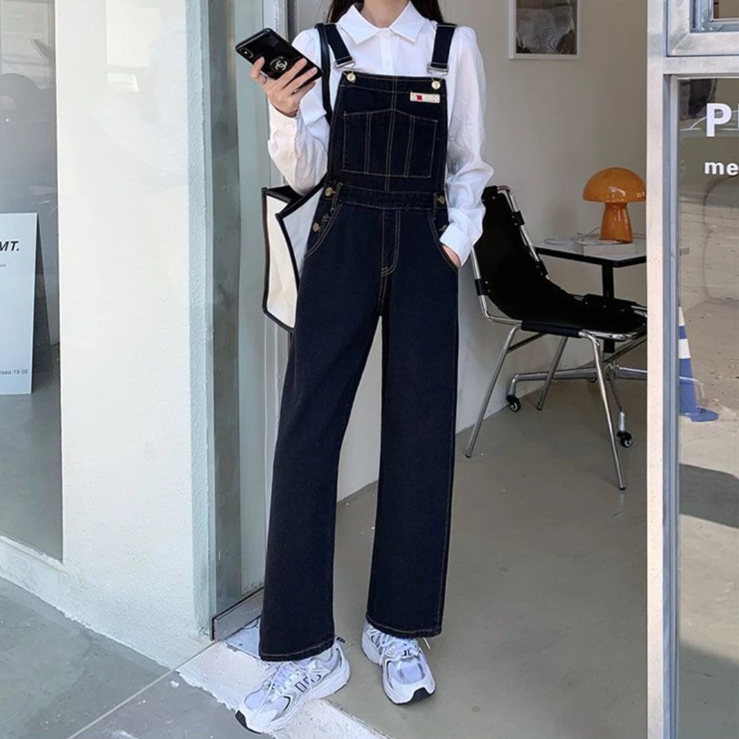 NW627黑色直筒长款背带裤百搭显瘦宽松休闲韩版学生