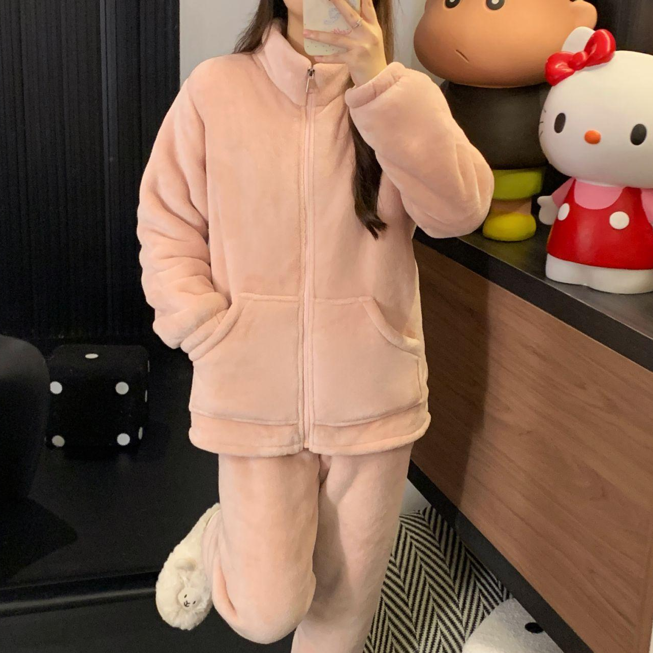 【1100g左右】加绒保暖睡衣秋冬季女士套装休闲拉链款家居服可外穿L