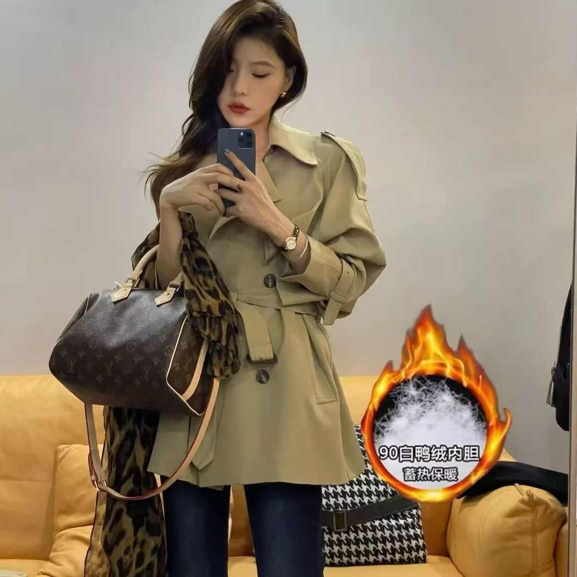 【鹿鹿子】羽绒风衣女2025春秋新款高级感气质休闲收腰宽松中长款