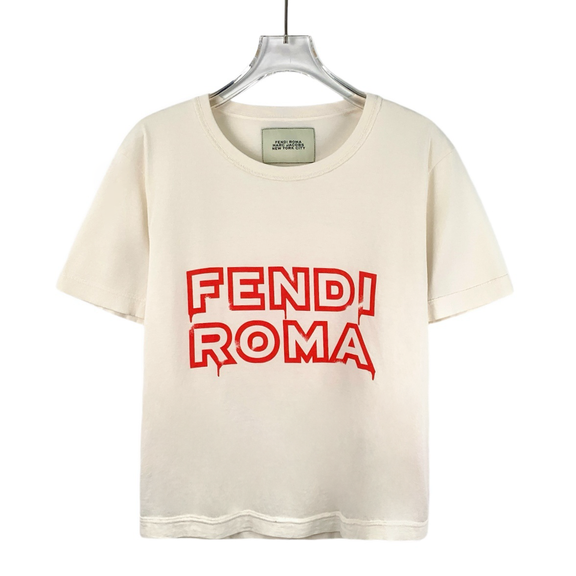 95新 FENDI/芬迪 DW0679 23款 米白色字母印花短袖T恤 M码