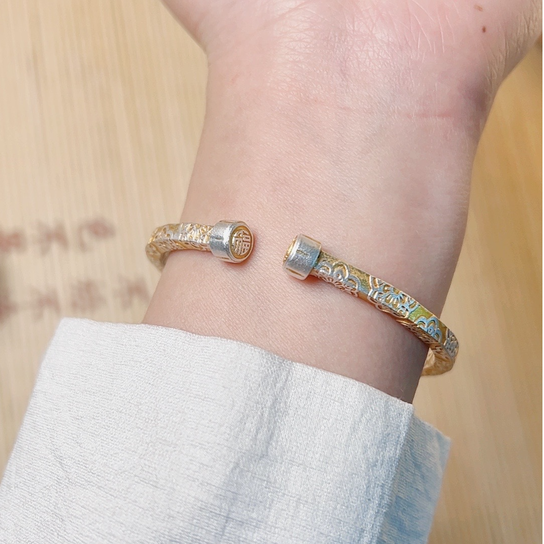 足银手镯 足银999.9新国风描金宝相花对口福字方镯