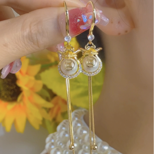 铜合金合成锆石耳饰 钱袋子气质时尚挂流苏耳环265