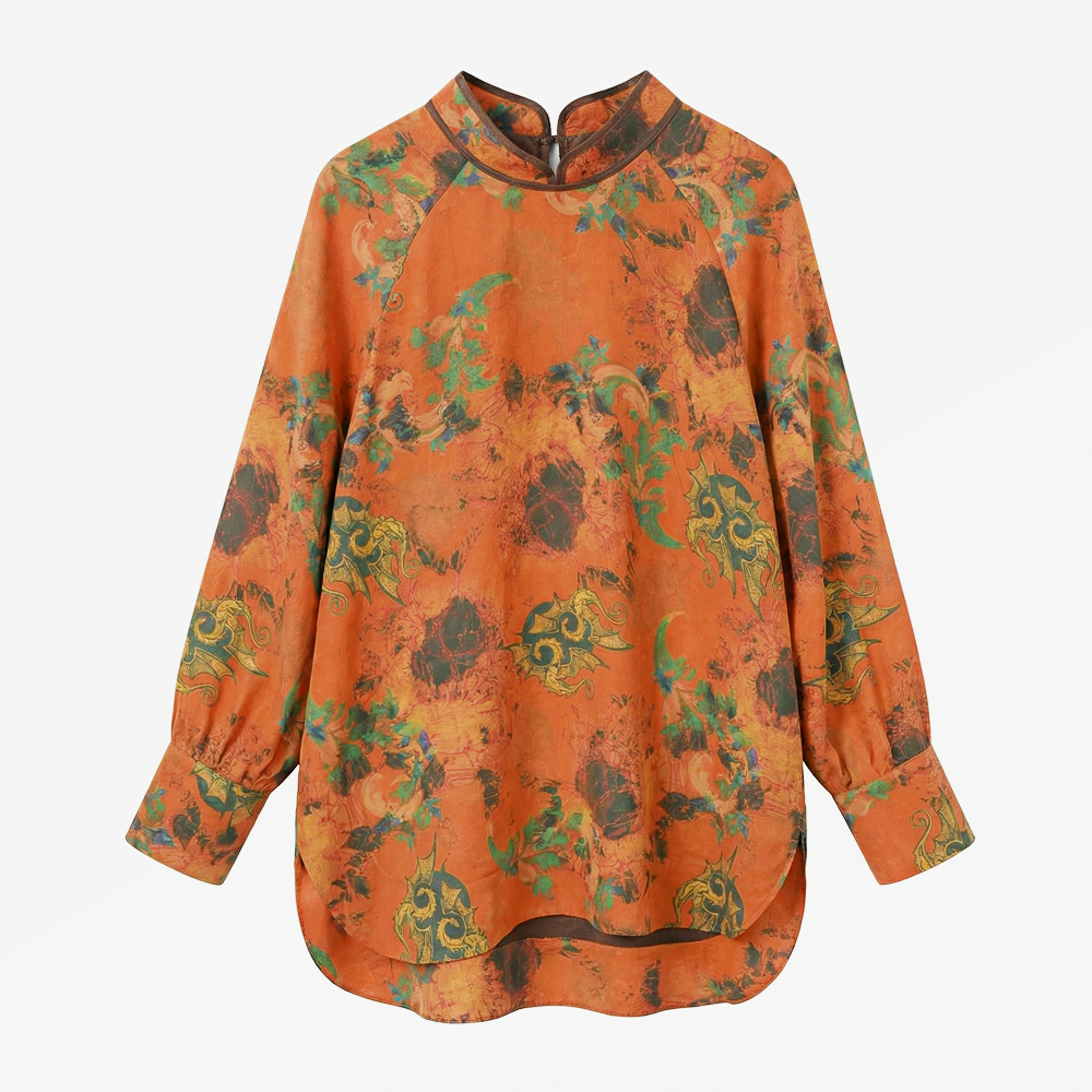 香云纱秋80姆米轻国风厚款上衣百搭立领橘色高端女装衬衫X3282  