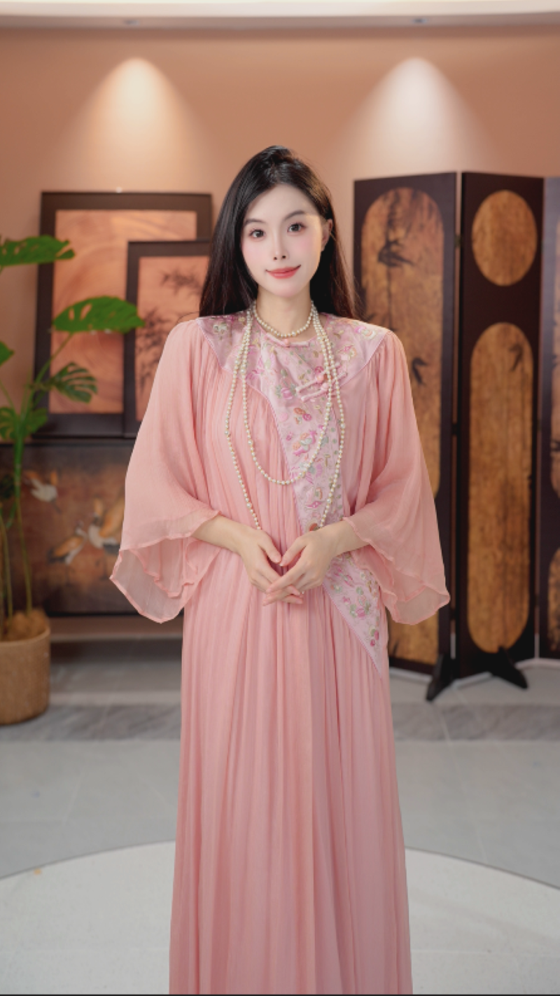 [花若]H6165夏季中国风欧若风100%真丝桑蚕丝刺绣禅意连衣裙-贝贝