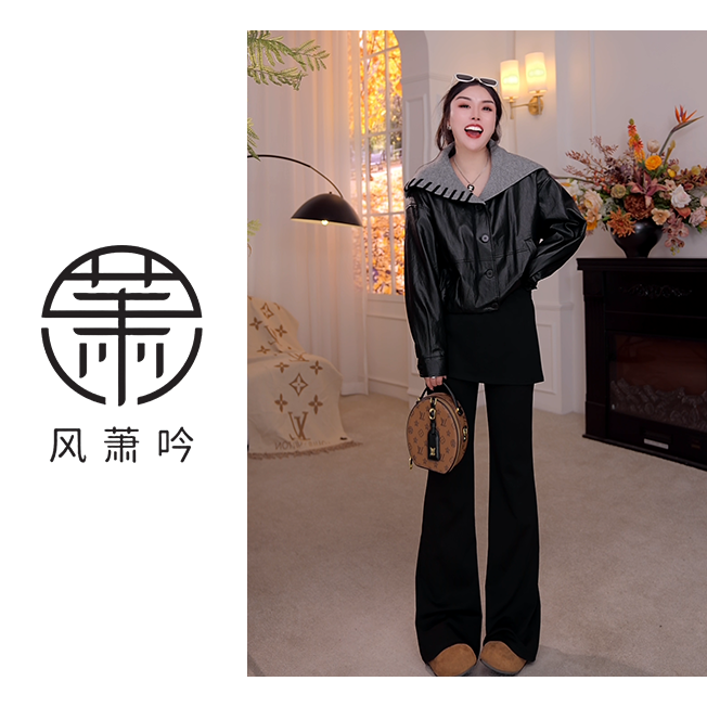 【风萧吟】大码女装早秋新款设计感海军领皮衣夹克FXY342