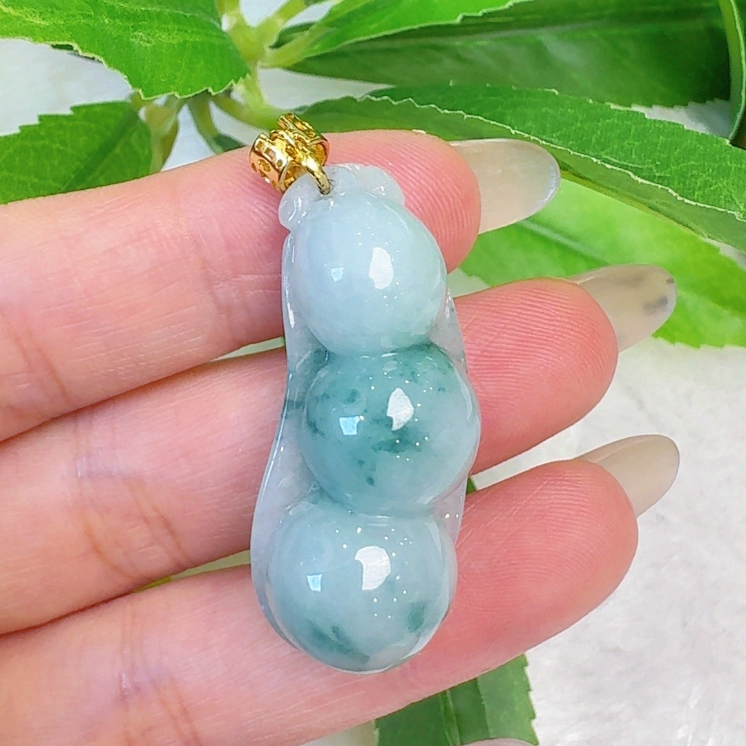 官方推荐翡翠A货高端银镶飘花胖福豆送银链 高36+宽15+厚12+单个