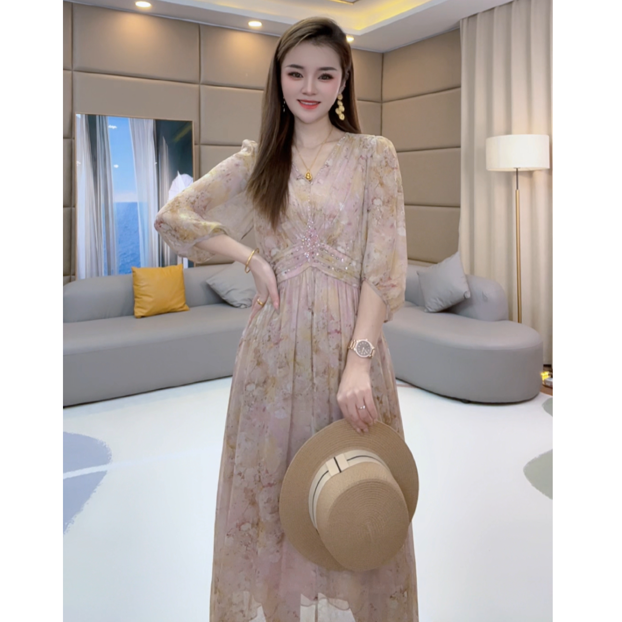 《静静心选》“柔蔓逸裙”收腰法式优雅气质显瘦真丝连衣裙80051