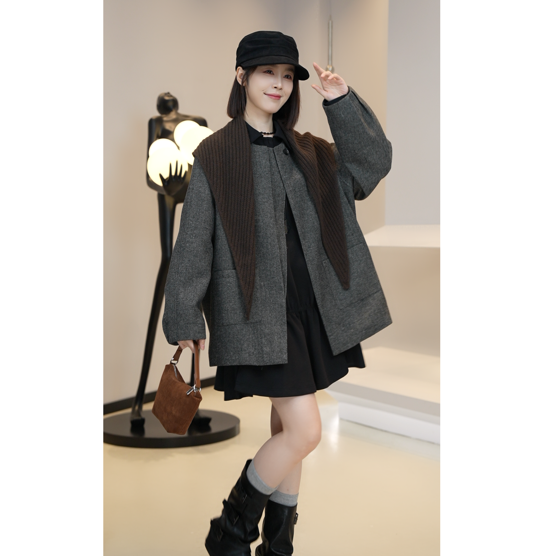 少量现货【芜阅】秋装披肩一粒扣开衫双口袋中长款羊毛风衣外套E197