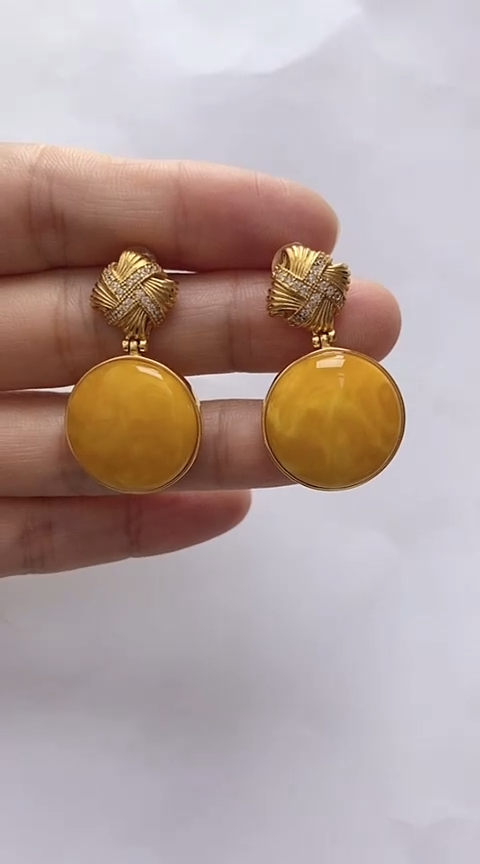 【闪购商品】琥珀裸石银S925镶嵌蜜蜡耳坠