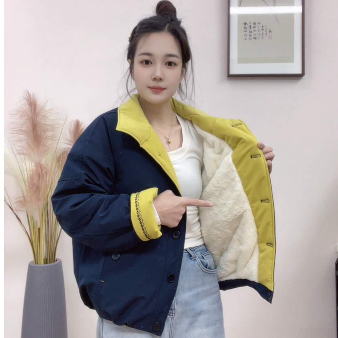 加绒加厚爆款女冬季新款韩撞色系翻领短款外套休闲派克服保暖棉服