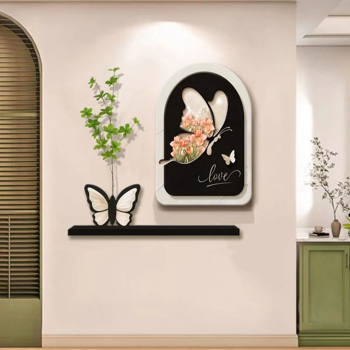 s019【源头厂家】蝴蝶玫瑰法式绿植餐厅装饰画适用于入户玄关与餐桌