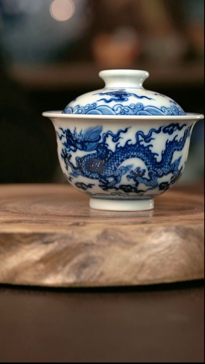 手绘 高温现代瓷  柴窑  有暇 海浪龙风大布袋150c