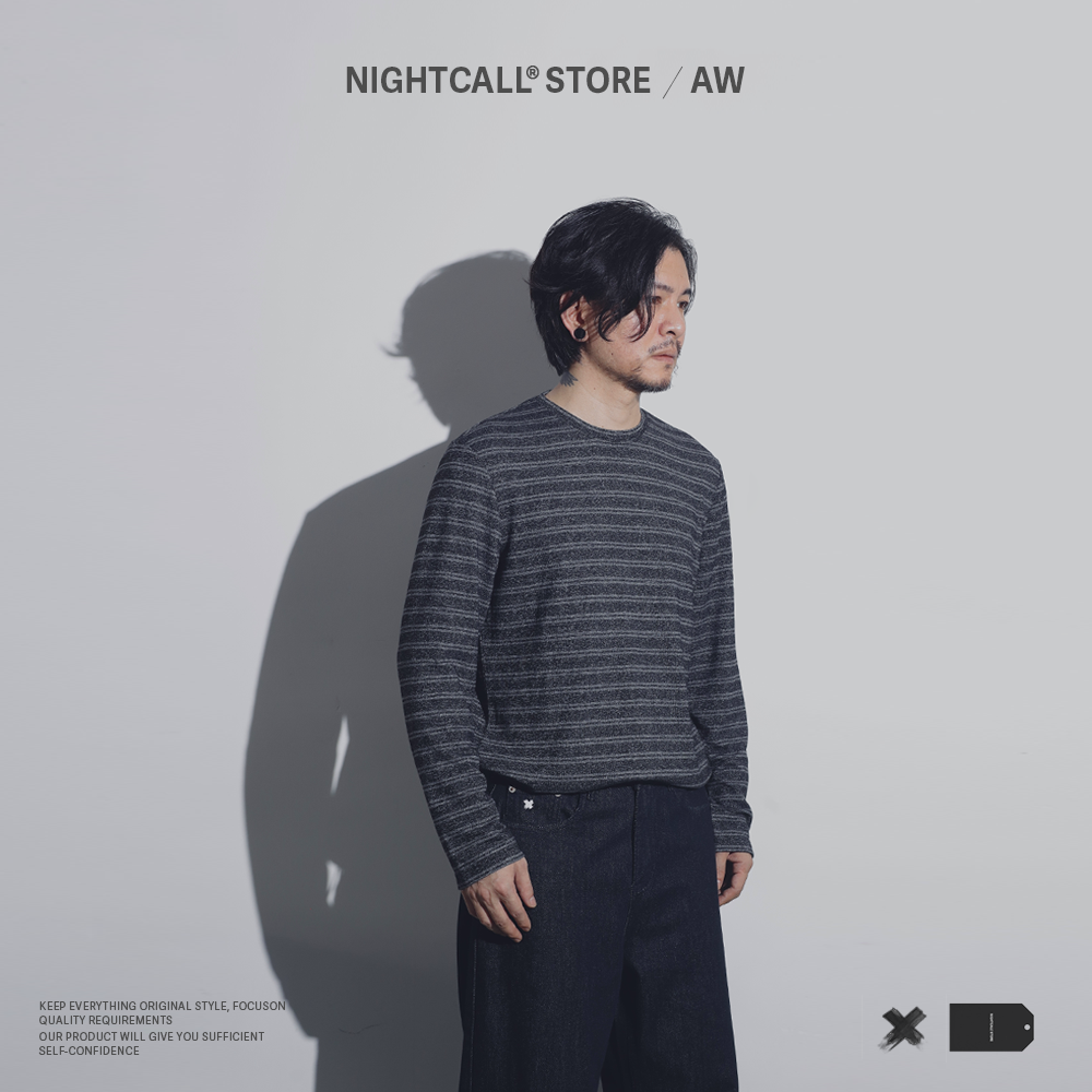 NIGHTCALL / AW 噪点定制 圆领抽绳长袖条纹T恤