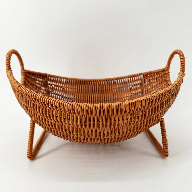 K3家用创意船形圆形水果盘水果架纯手工编织仿藤零食筐面包篮储物