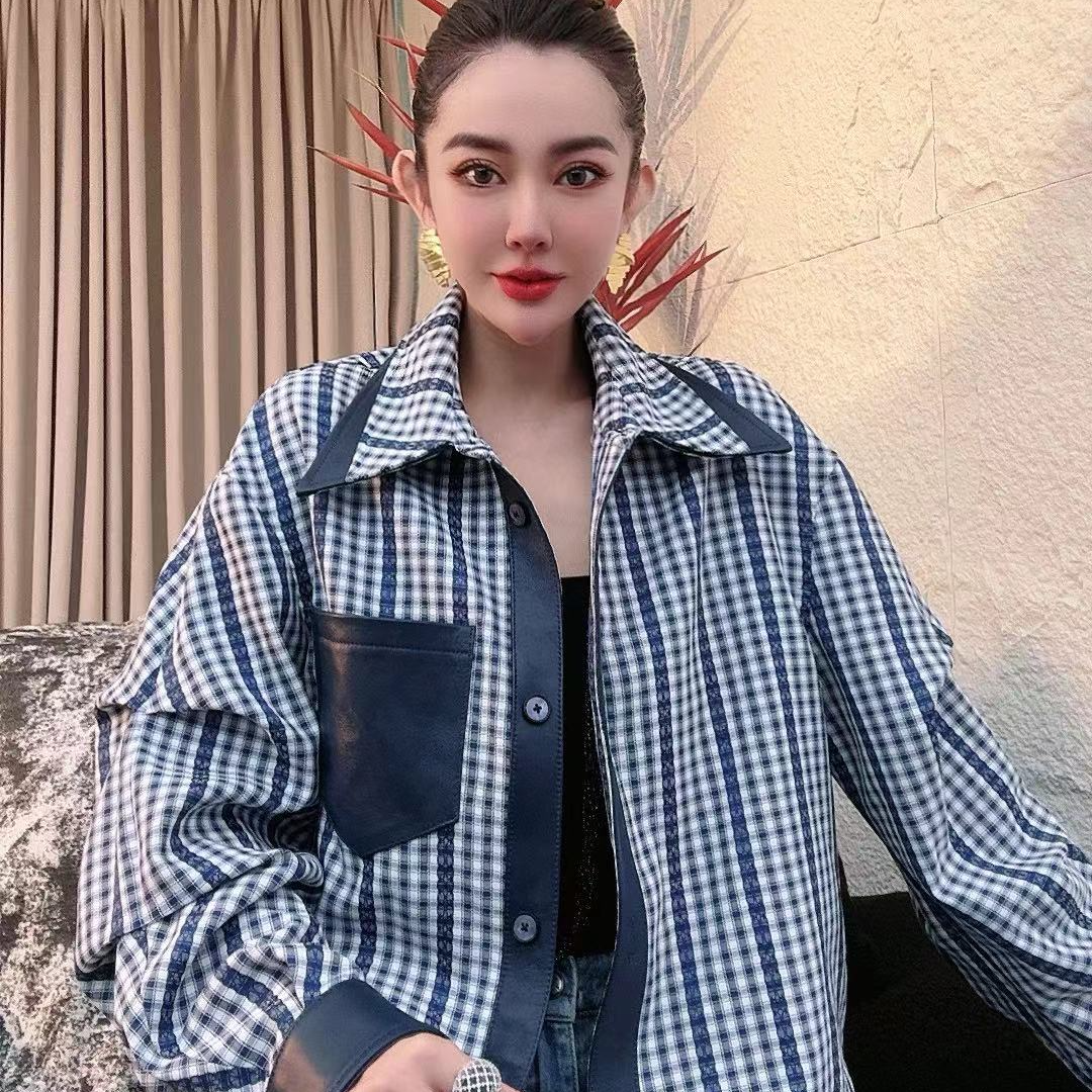 LEDS 25135风格符号*春季英伦风格子衬衫款拼接皮衣外套