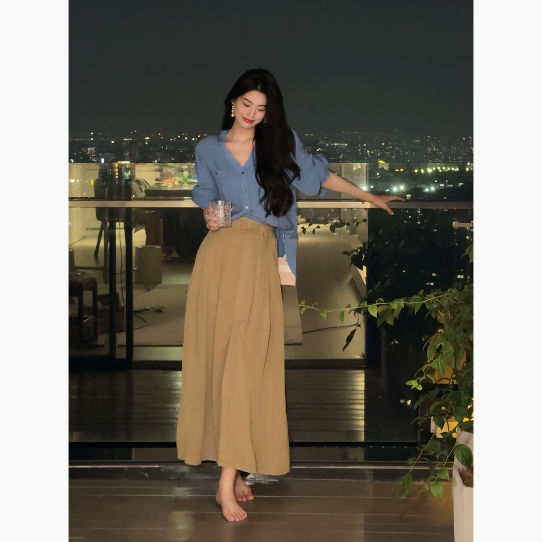 老钱风亚麻立领衬衫宽松气质上衣+A字气质半身裙垂感长裙 Q67