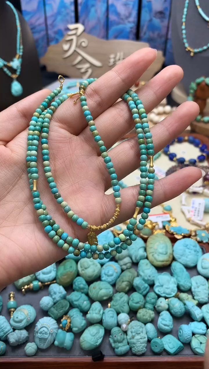 绿松石18K金镶嵌颈饰高瓷精工彩虹老型长项链