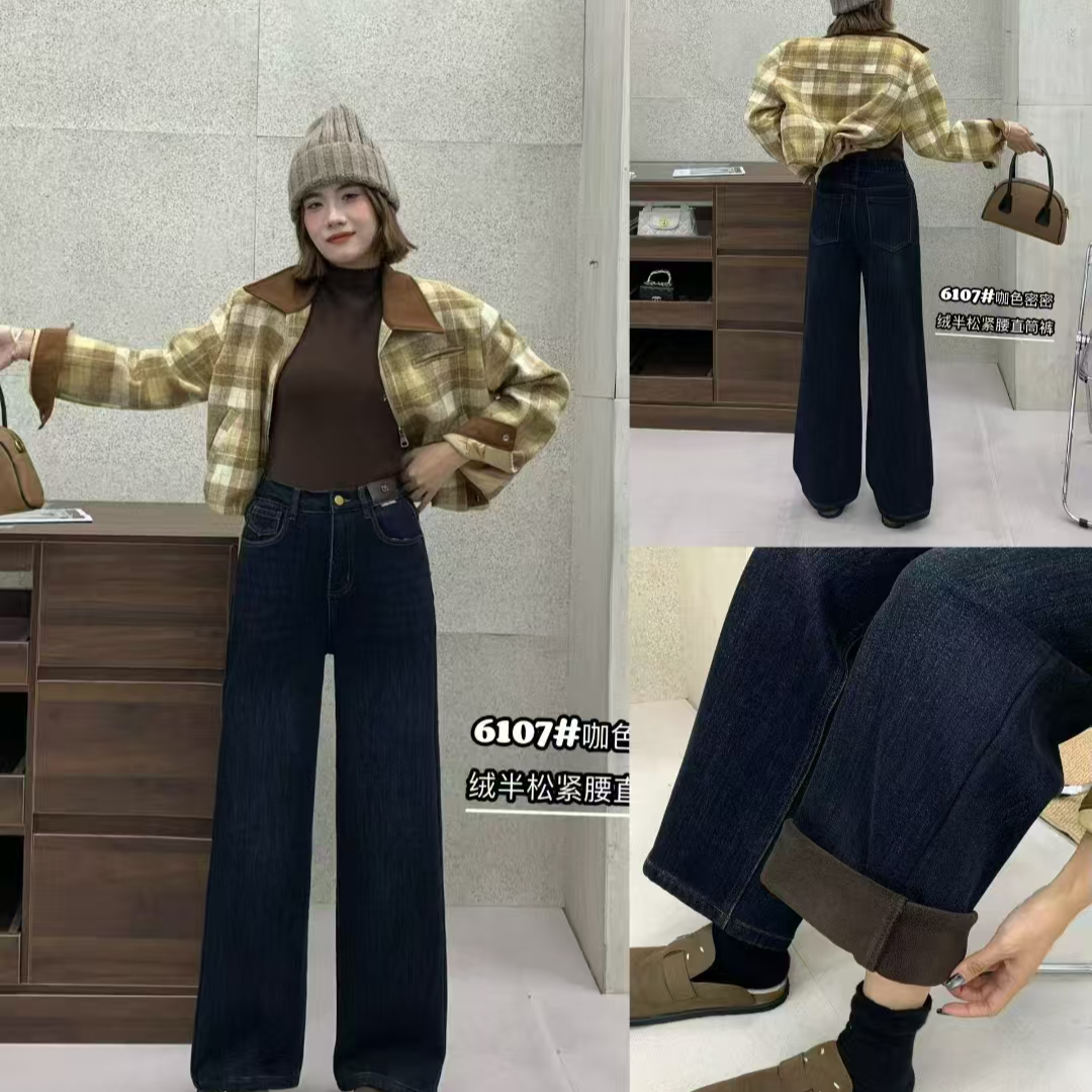 冬季新款牛仔裤女装6107密密绒棉裤直筒裤高腰显高显瘦爆款