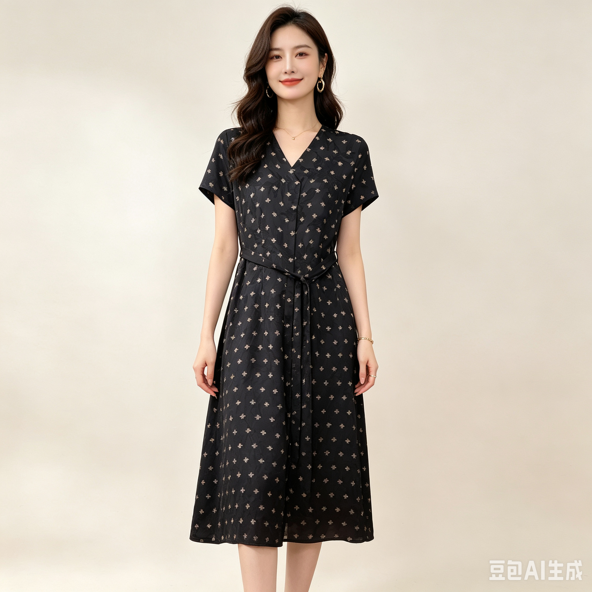 颂锦香【现货】【香】【小蜜蜂】Q3751国风V领连衣裙系腰带显瘦长款裙子