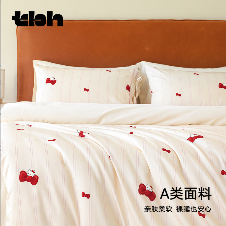 tbh野兽派家居床上四件套Hello Kitty全棉缎纹蝴蝶结印花床品套件