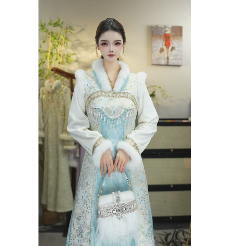 花享悦2025冬季新款复古 天青加绒显瘦保暖女装旗袍（5972）