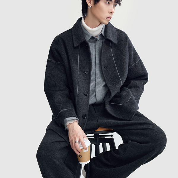 HERBEL/黑白秋冬山羊绒毛呢大衣 经典翻领无性别穿搭休闲短款保暖