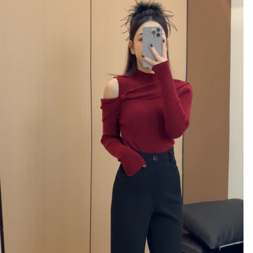 JAJJAJ冬季蝴蝶结露肩套头打底针织衫法式红色毛衫上衣