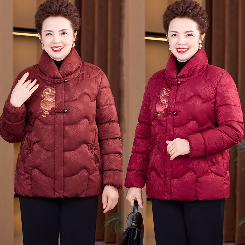 2025短款中老年妈妈女装印花棉衣喜婆婆红色棉袄立领洋气气质加厚