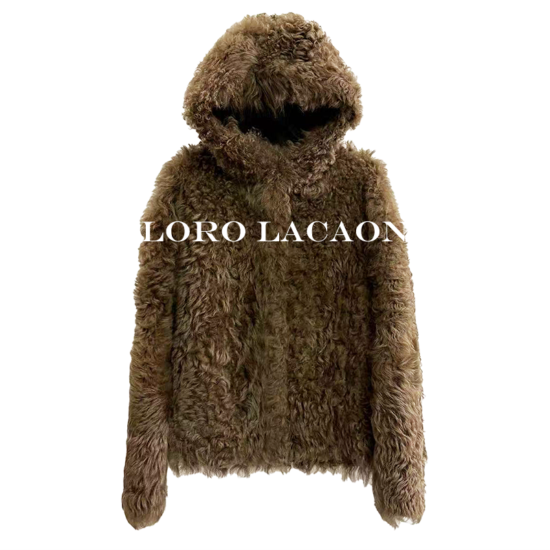 以赛亚 落日航班 冬季连帽慵懒休闲托斯卡纳羊皮毛一体外套 54074