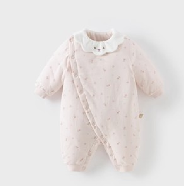 花边翻领刺绣女爬服哈衣薄夹棉婴儿外出连身衣新生儿保暖棉衣婴儿