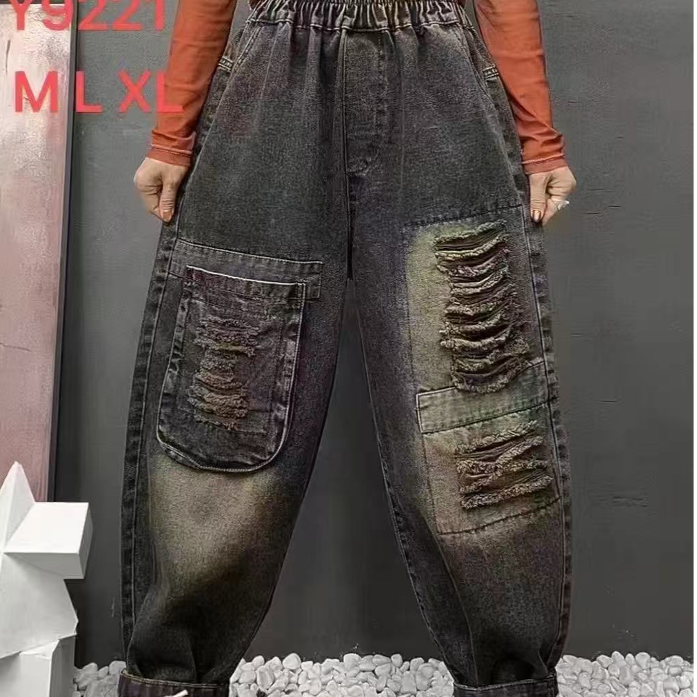 秋季欧货假破洞老爹牛仔裤