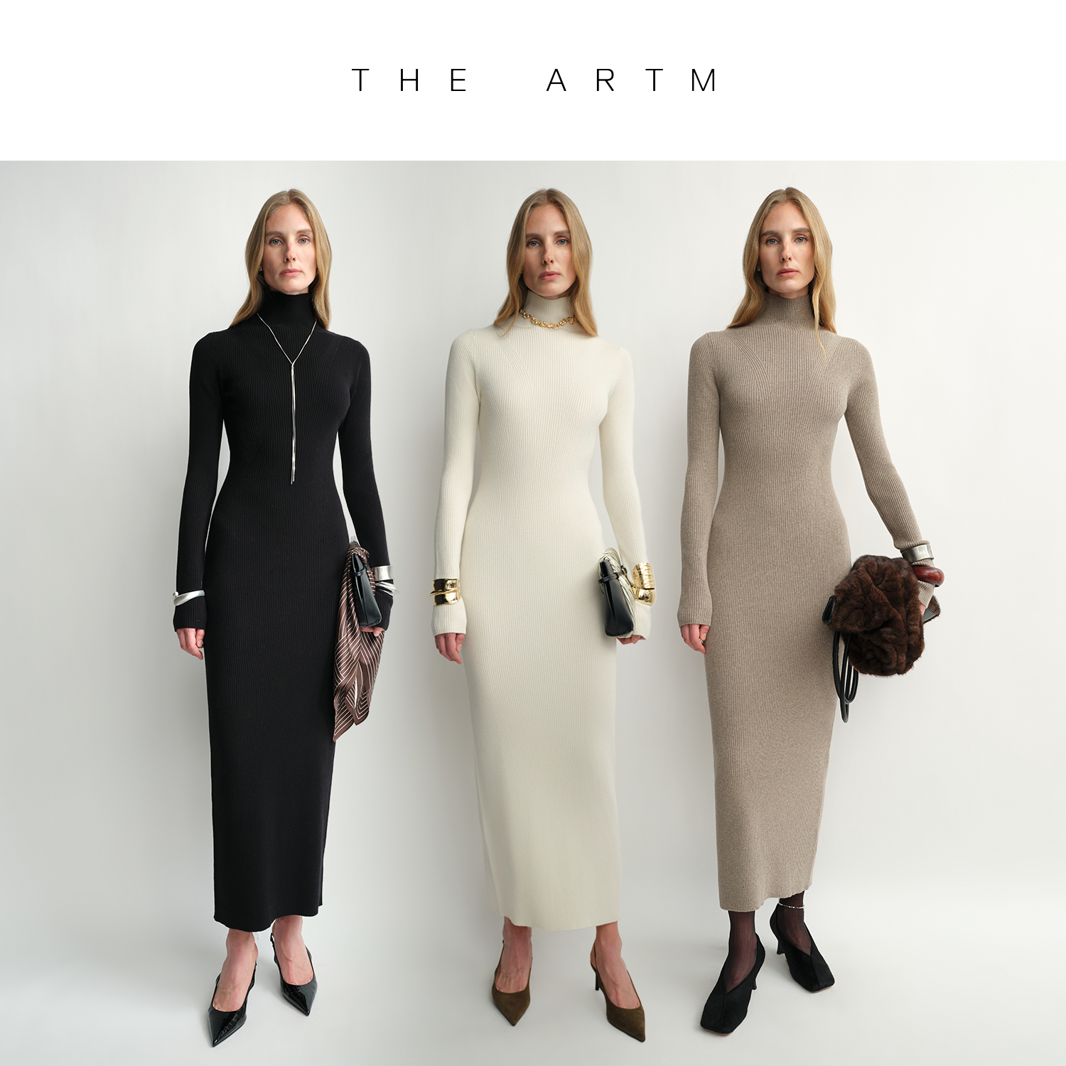 THE ARTM美利奴纯羊毛连衣裙坑条肌理针织高领移针修身长裙25秋冬