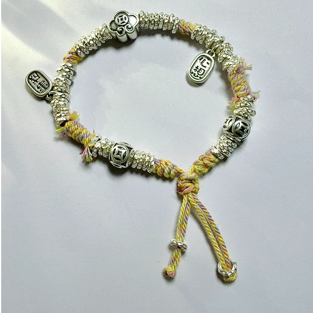 非金属锦纶手链 平安喜乐小胖坨纯手工编制纯银少女手链宝宝手链