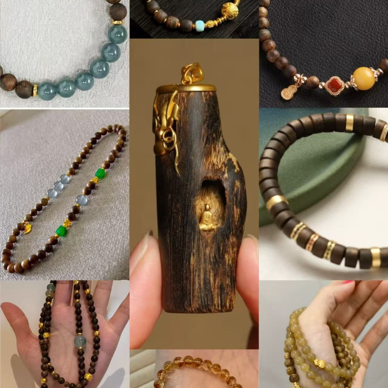 增香沉香木手链饰品吊坠复古手饰原创设计紫竹藤手珠串森系黄色