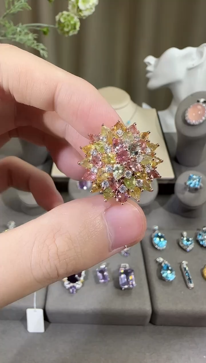 银S925镶嵌戒指碧玺23mm繁花设计款多样性发其一