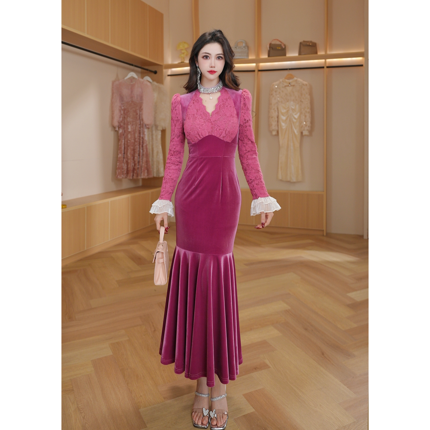 琼仪原创『』法式复古轻奢优雅名媛拼接气质显瘦长袖连衣裙22039