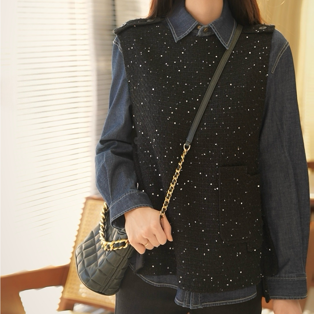 GIRDEAR/哥弟   圆领小香风前短后长设计感造型马甲1300860大珠片