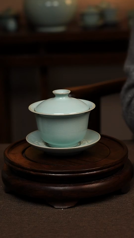 瓷片天青色全手工三才元宝盖碗150ml微瑕不带礼盒