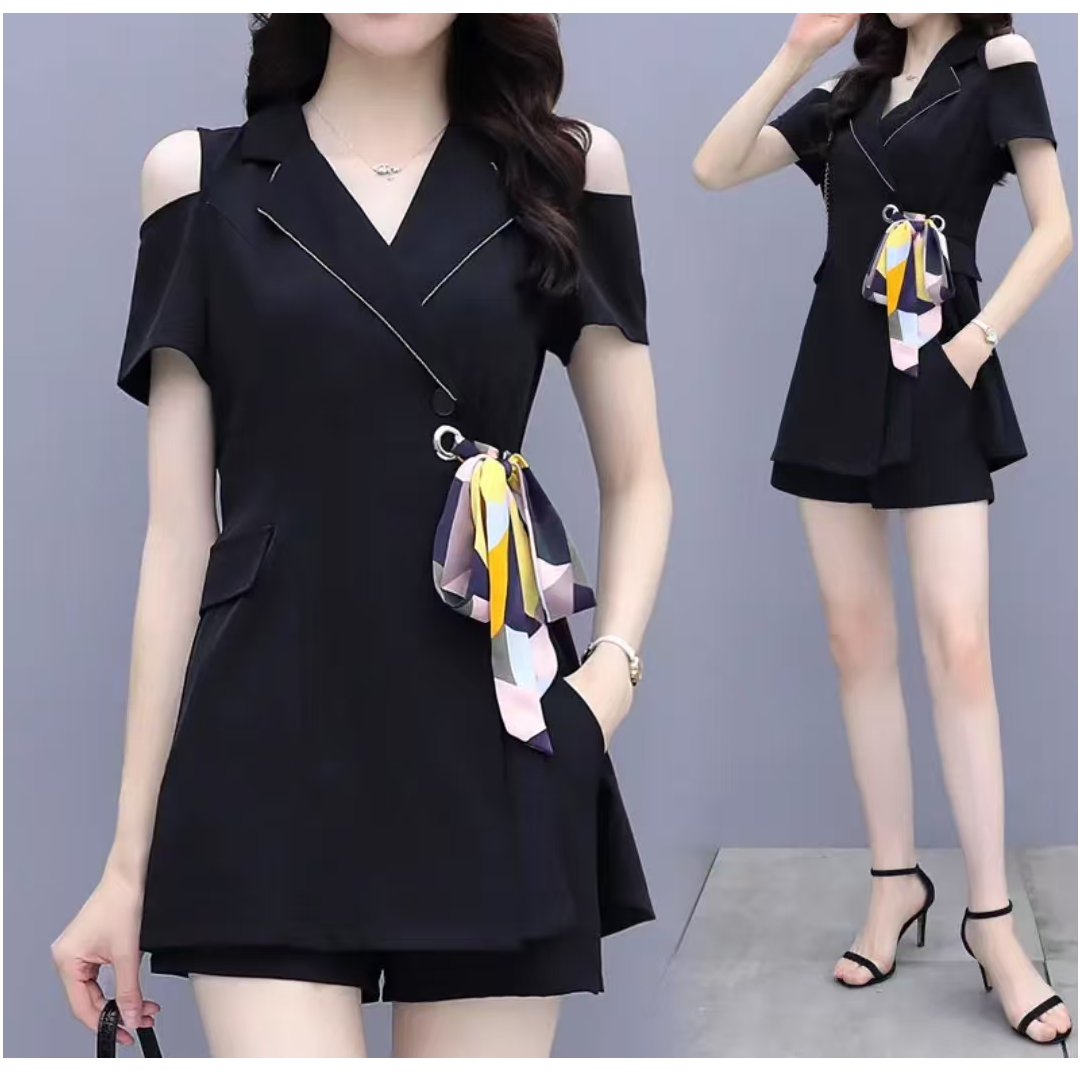 夏季新款时尚露肩两件套显瘦套装气质百搭休闲女装2133衣76裤36