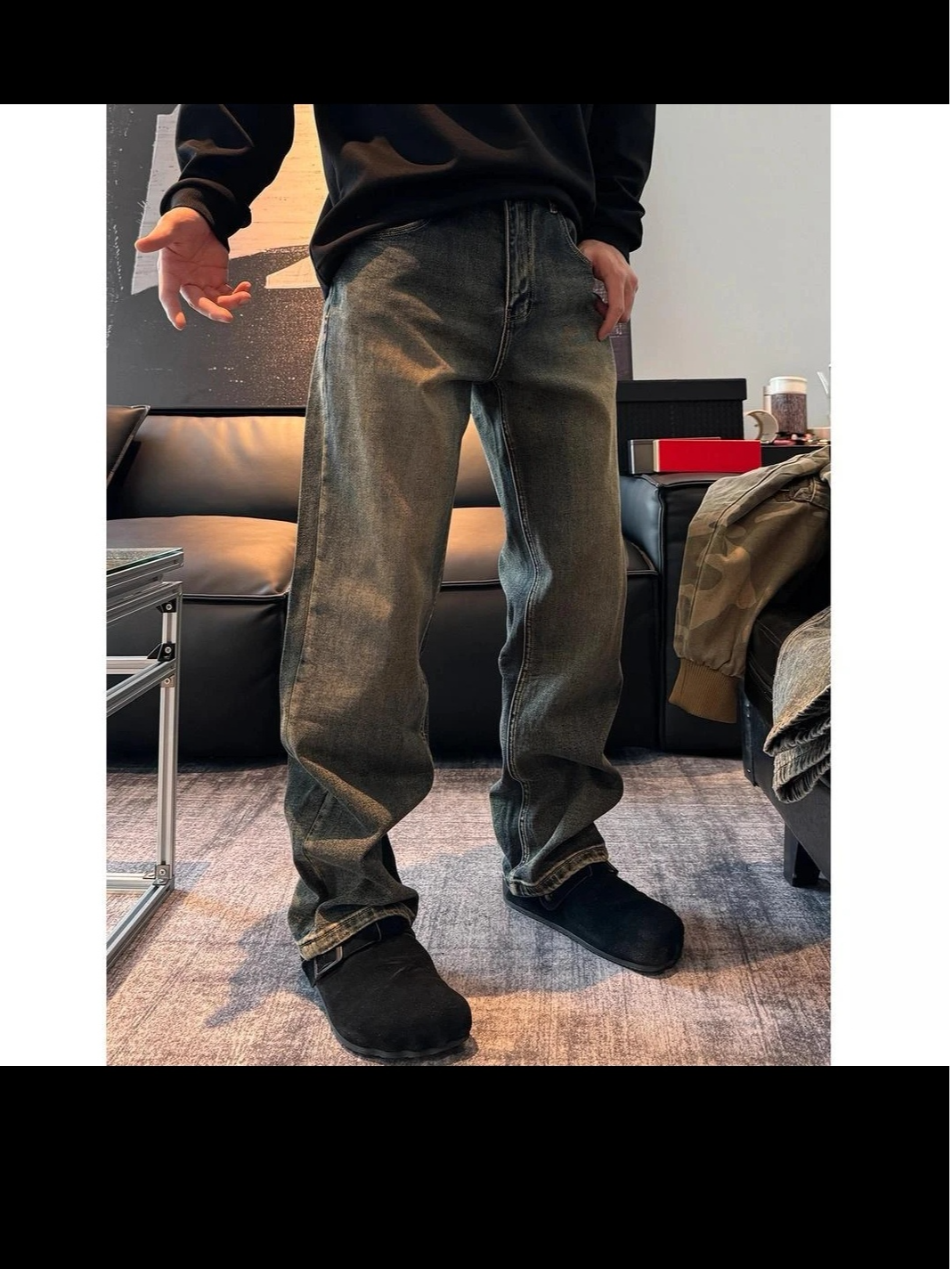 长裤做旧秋冬水洗牛仔裤黑色秋季裤子宽松直筒阔腿裤百搭美式复古