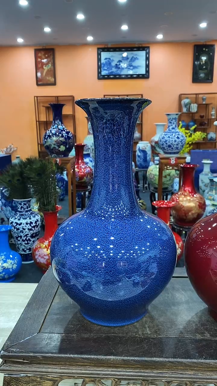 摆件蓝色窑变赏瓶35*20+旋转底座