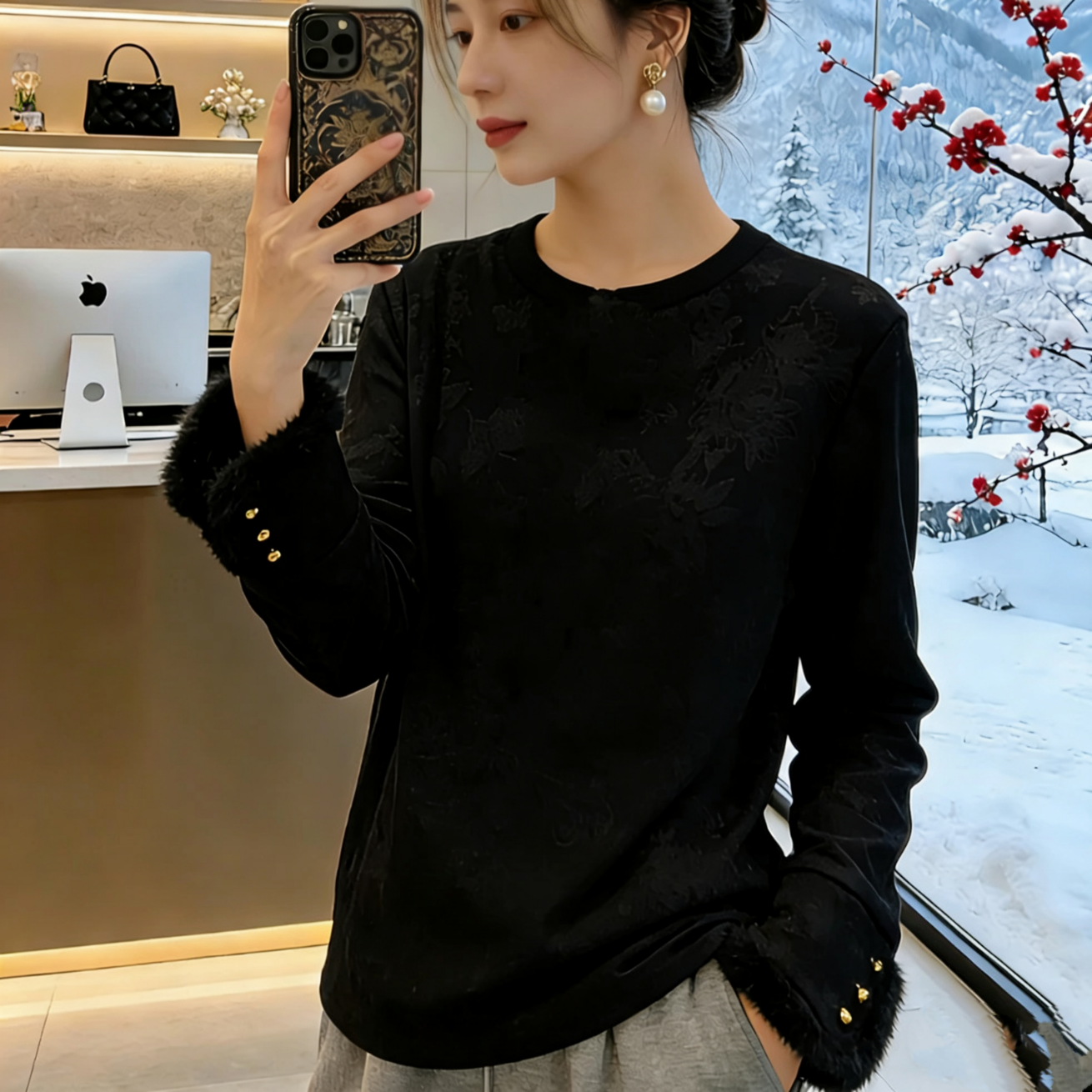 新中式国风提花长袖T恤女秋冬加绒内搭复古袖口打底衫