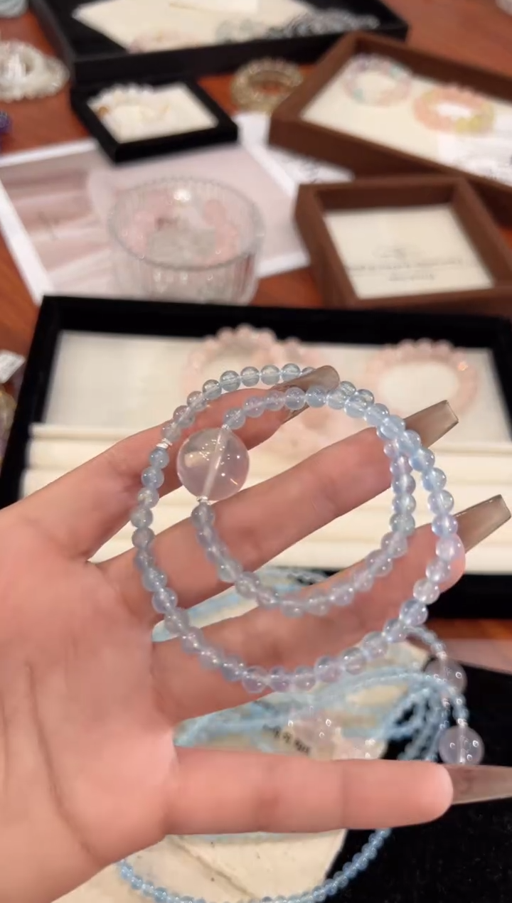 【闪购商品】水晶手链银S925镶嵌海蓝宝双圈手链x1497