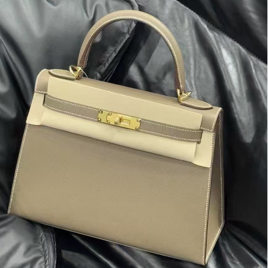 99新 Hermes/爱马仕 kelly28大象灰金扣e皮Z刻盒子尘袋/