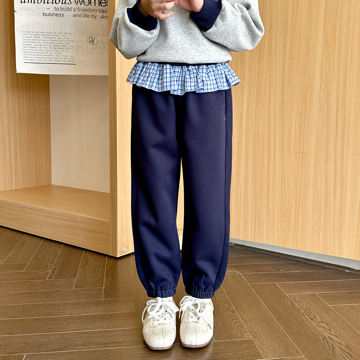 现货【简约美学】女童长裤子6083秋季女宝女孩韩版拼接花边格子卫裤