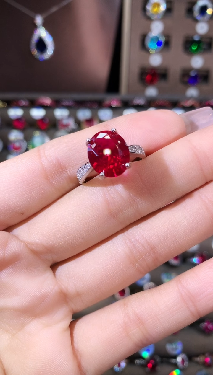 无925银鸽血红色戒指