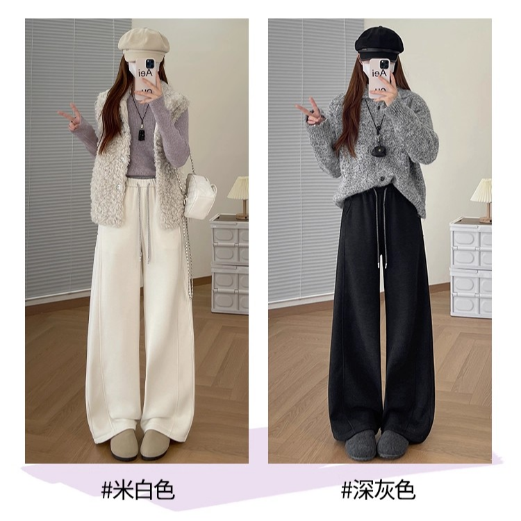 米白色加绒运动卫裤女秋冬高腰显瘦宽松休闲裤弯刀阔腿裤子HY-001